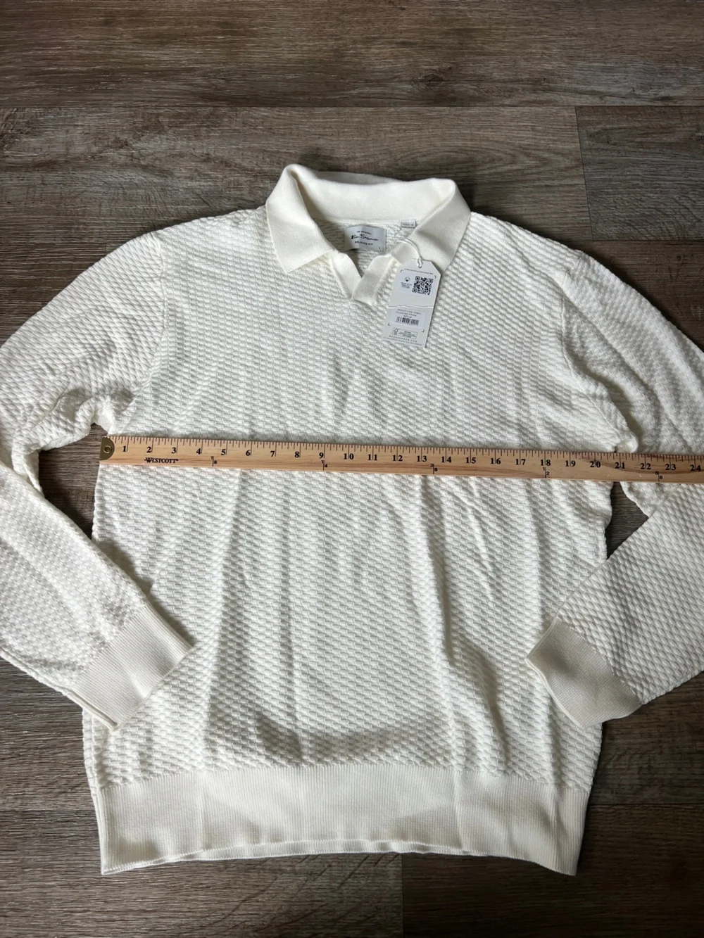 Ben Sherman Relaxed Fit Long Sleeve Textured Open Neck Knitted Polo in Ivory
